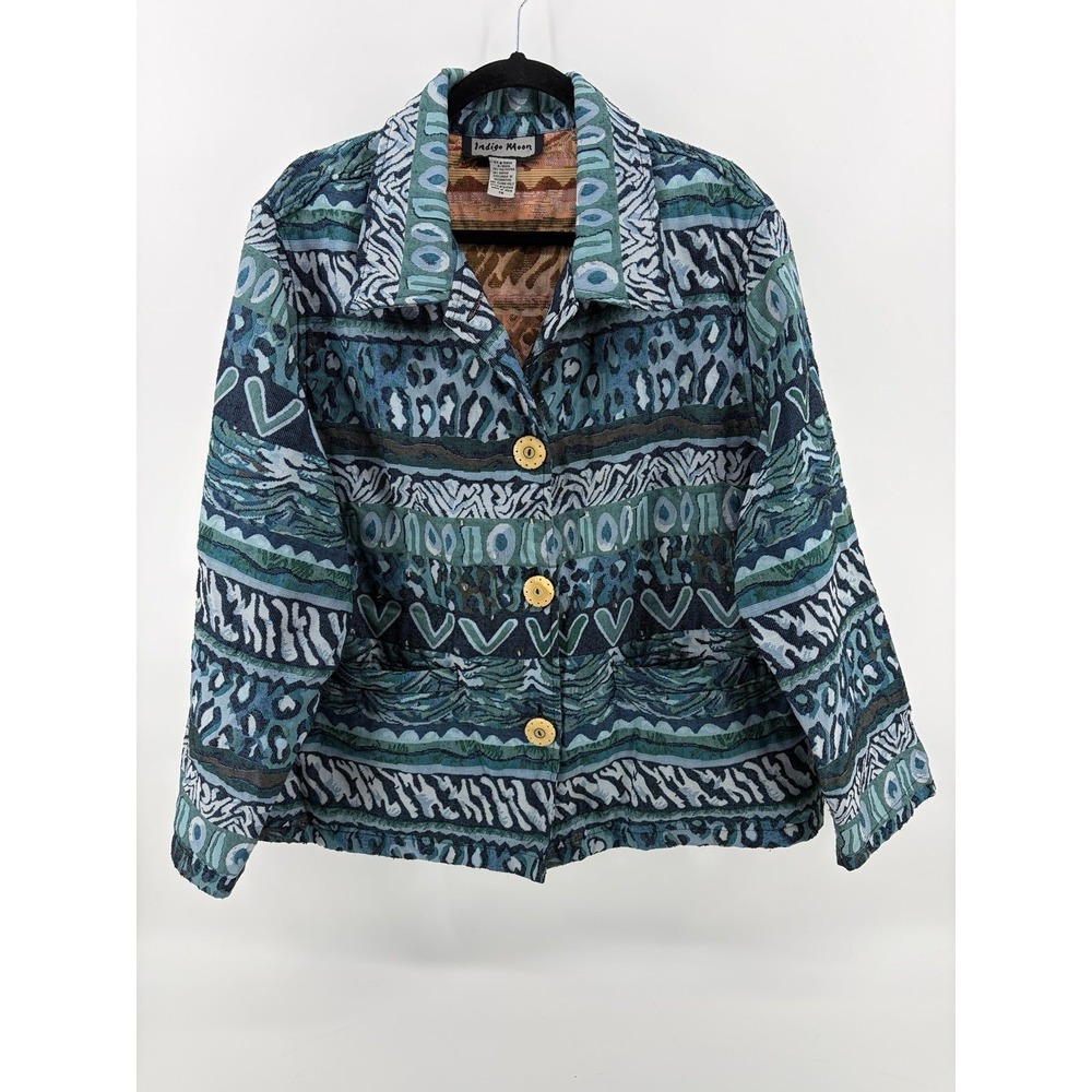 Indigo Moon, Blue Artsy Blue Tapestry, Brocade Animal Print, Jacket/Blazer, 1X